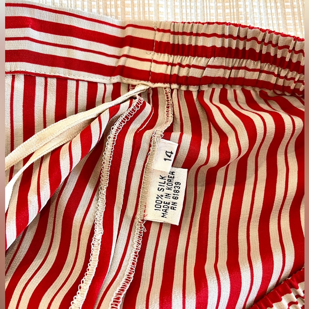 100% Silk Striped High Rise Relaxed Pants Red and Tan Vintage 90s Minimalist - Picture 14 of 16